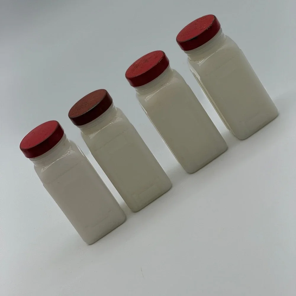 Vintage Milk Glass Spice Jars Set of 4 Art Deco Ribbed Red Metal Lids White